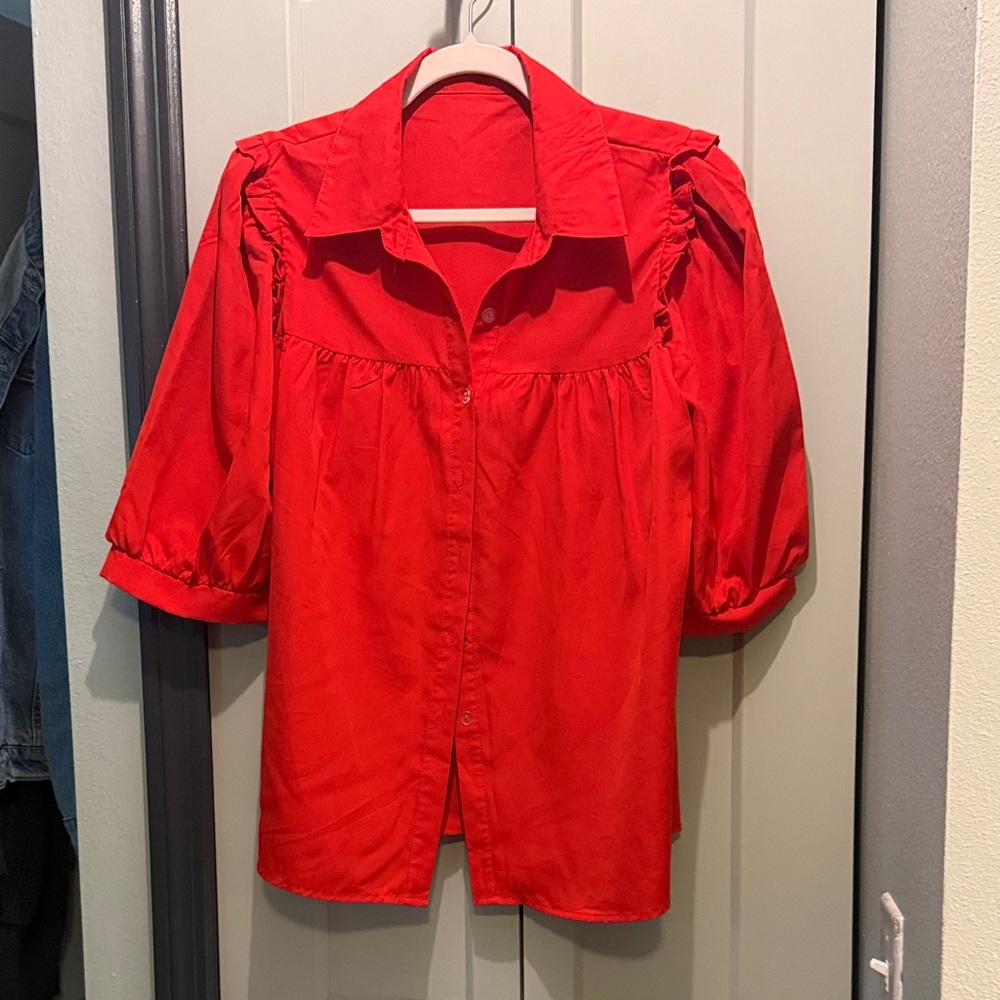 SHEIN Vibrant Red Puff Sleeve Blouse